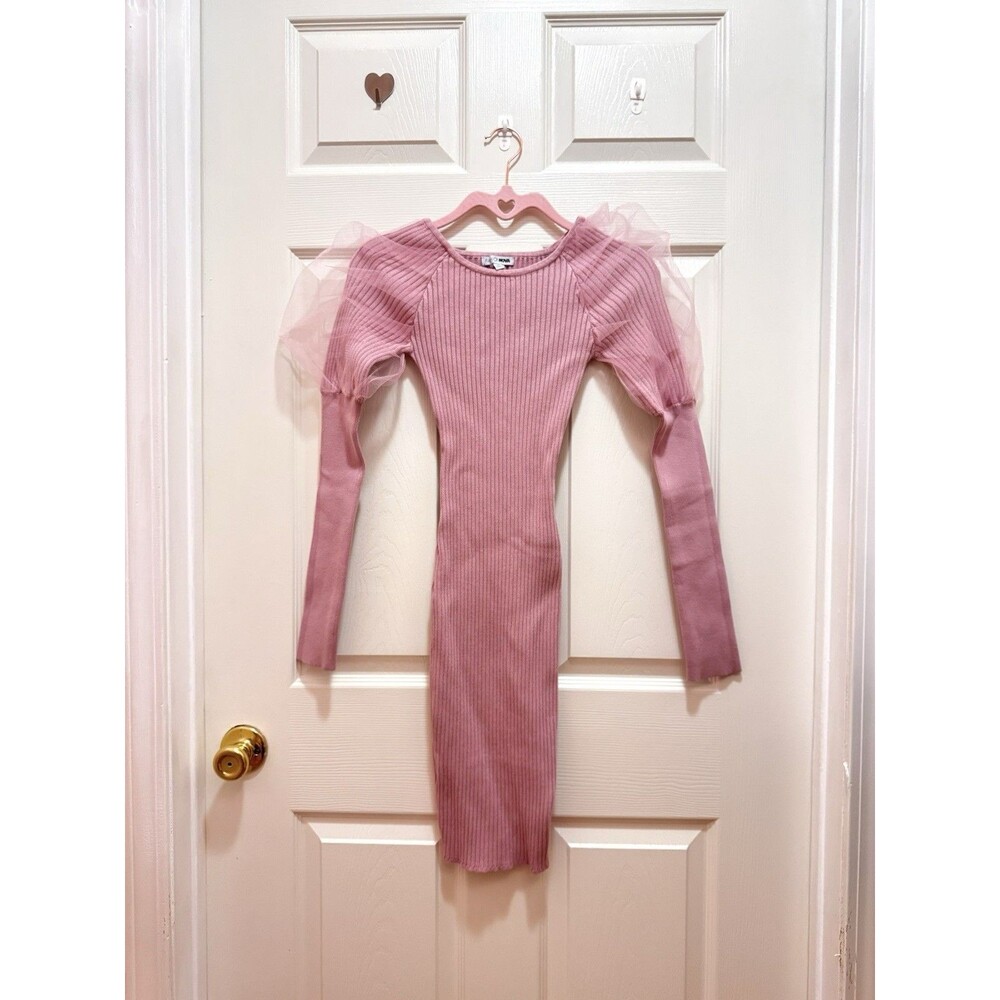 NWOT Fashion Nova Pink Ribbed Knit Sweater Dress Long Slv/ Mesh Puff Slv XS New